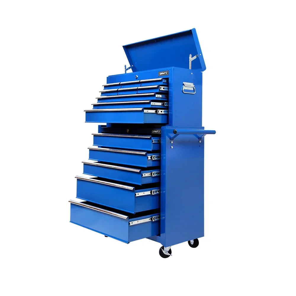 Large blue steel tool chest with multiple open drawers on wheels, garage storage organizer.