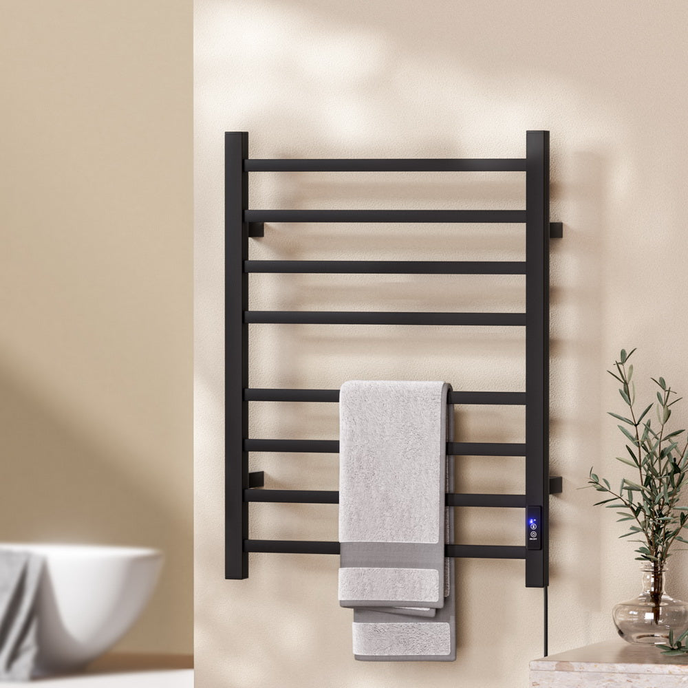Heated Towel Rail 8 Bar Electric Wall Mount 40-55°C Timer IPX4 105W TUV Black