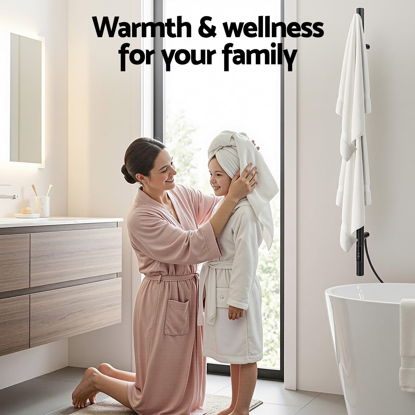 Heated Towel Rail Single Bar Electric Wall Mount 40-55°C Timer IPX4 38W TUV Black