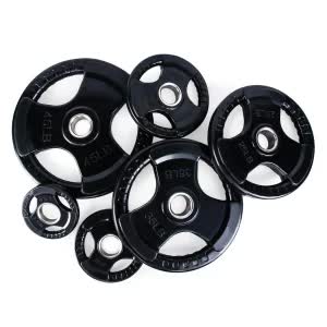 Black weight plates for gym training, various sizes, ideal for home or commercial fitness use