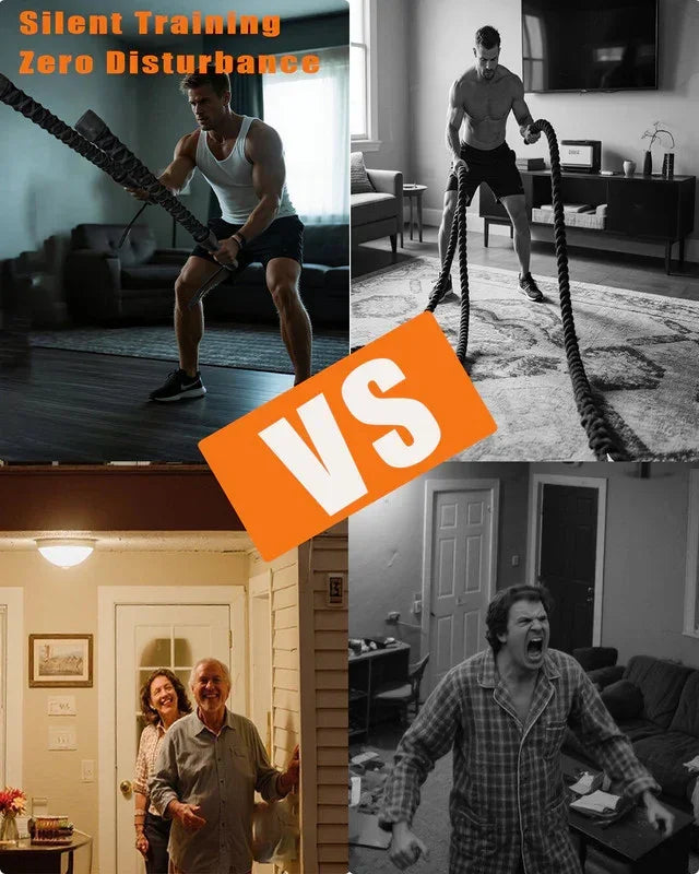 Man doing silent battle rope exercise indoors vs. noisy yelling man disturbing elderly couple outside
