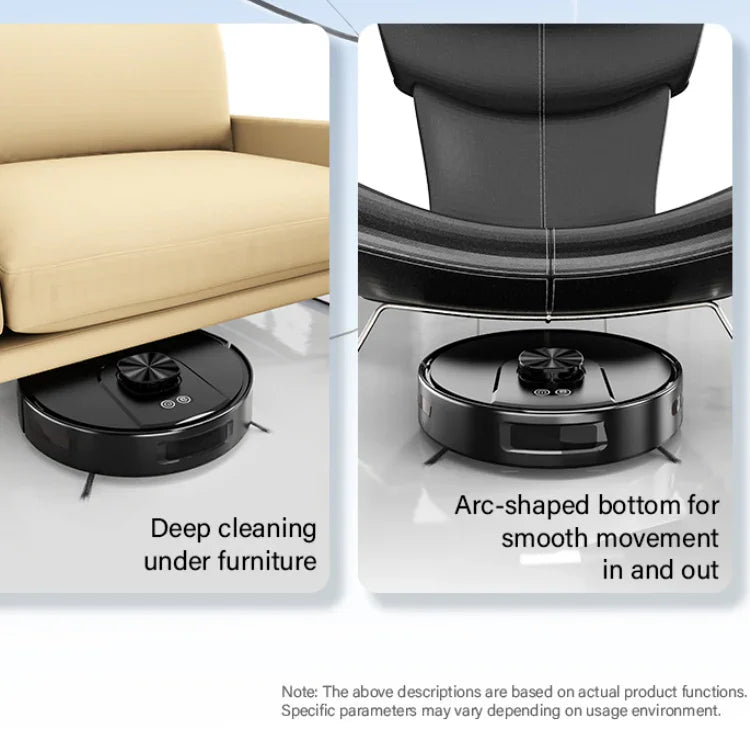 Robot vacuum cleaner cleaning under sofa and chair, designed for deep cleaning and easy movement.