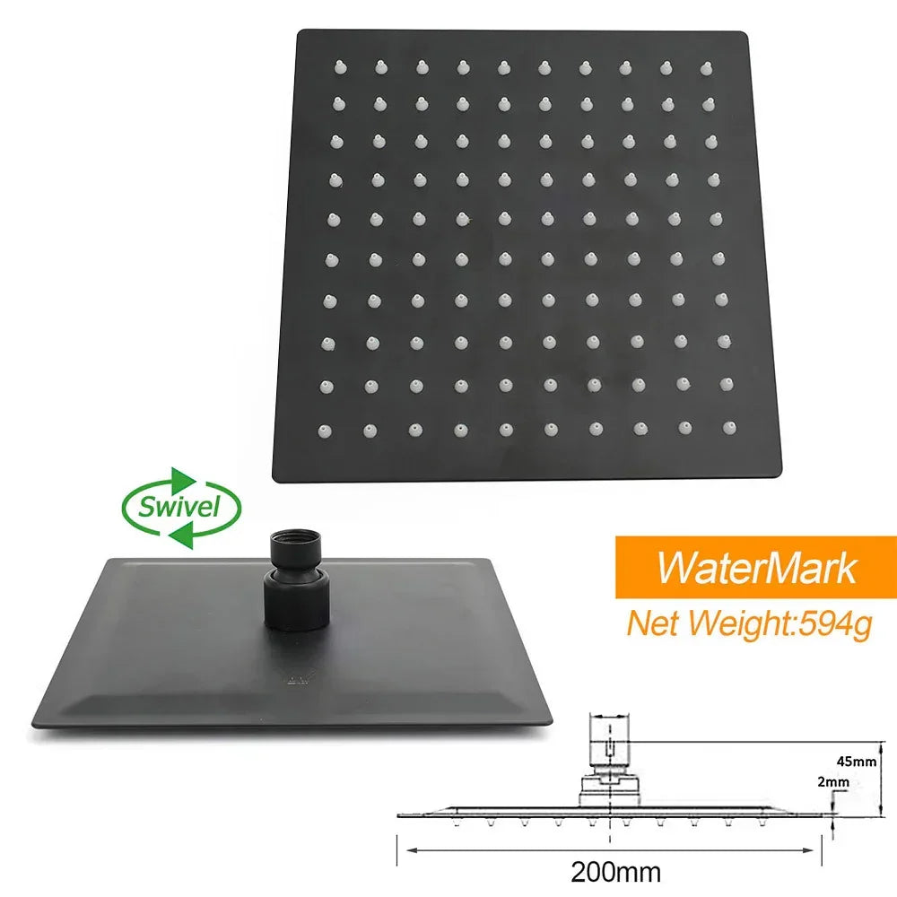 Matt Black Square 8" Rainfall Shower Head & 400mm Brass Straight Wall Mount Arm Set