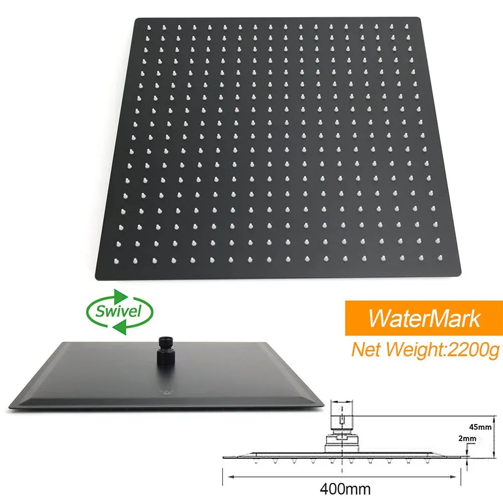 Matt black square rainfall shower head with swivel joint and dimensions
