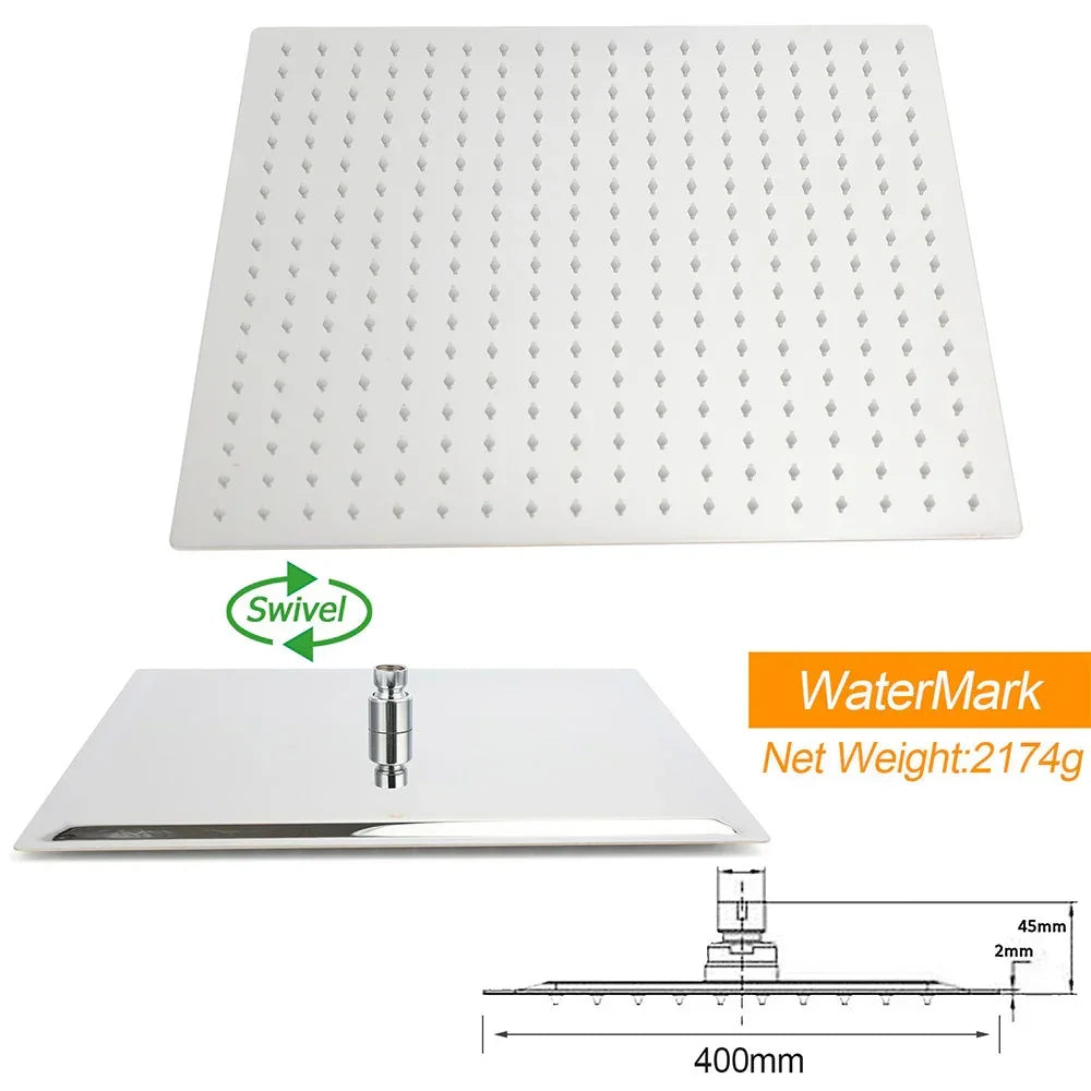 WELS 16" Rainfall Shower Head 300mm Ceiling Dropper Extension Arm Chrome Square Set