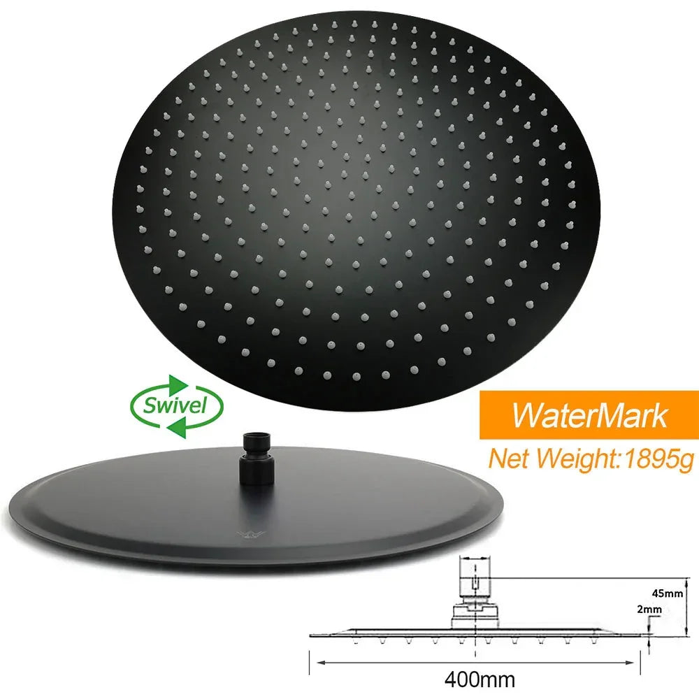 Rain Shower Head 16" 400mm Matt Black Stainless Steel WELS 3 Star Ceiling