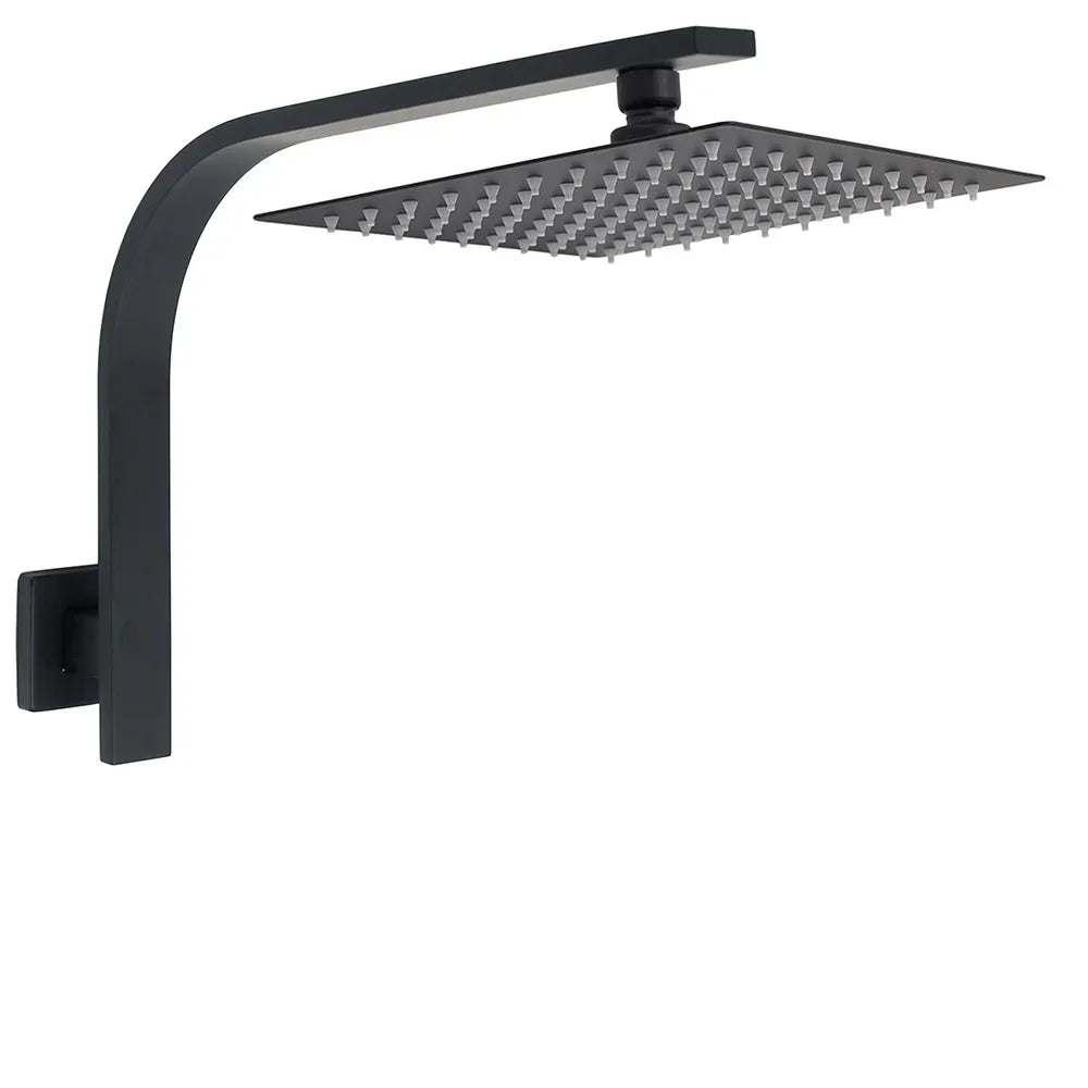 WELS Matt Black 10" Square Thin Rain Shower Head Brass Gooseneck Wall Arm Set