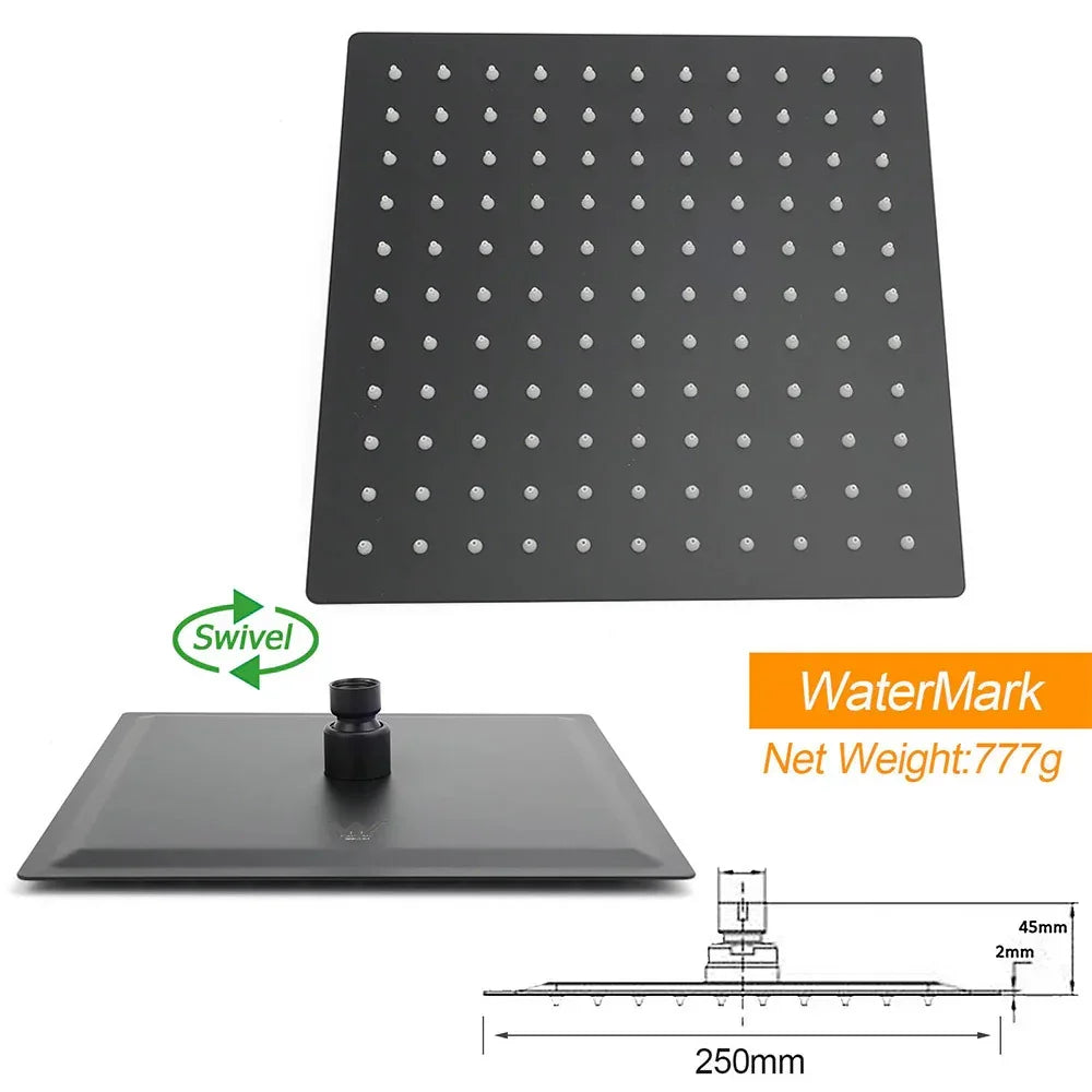 WELS Matt Black 10" Square Thin Rain Shower Head Brass Gooseneck Wall Arm Set