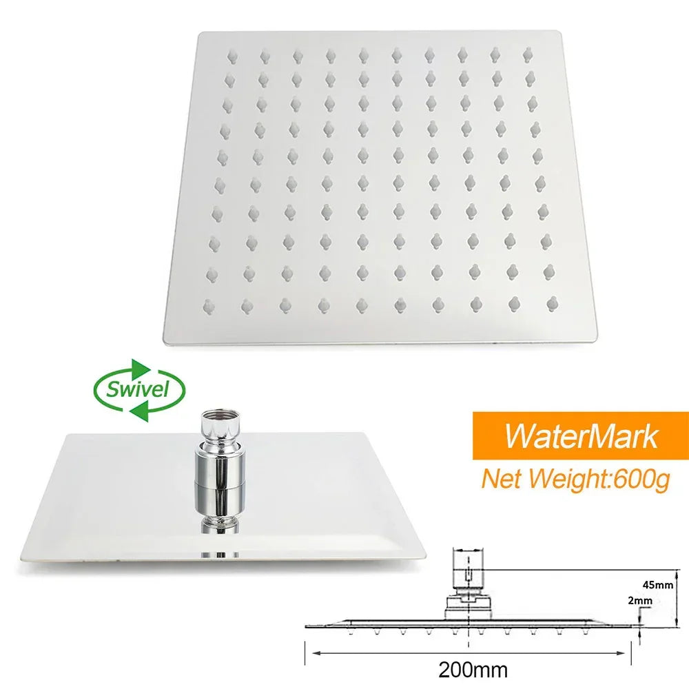 WELS Chrome 200mm Square Rainfall Shower Head with swivel joint and dimensions