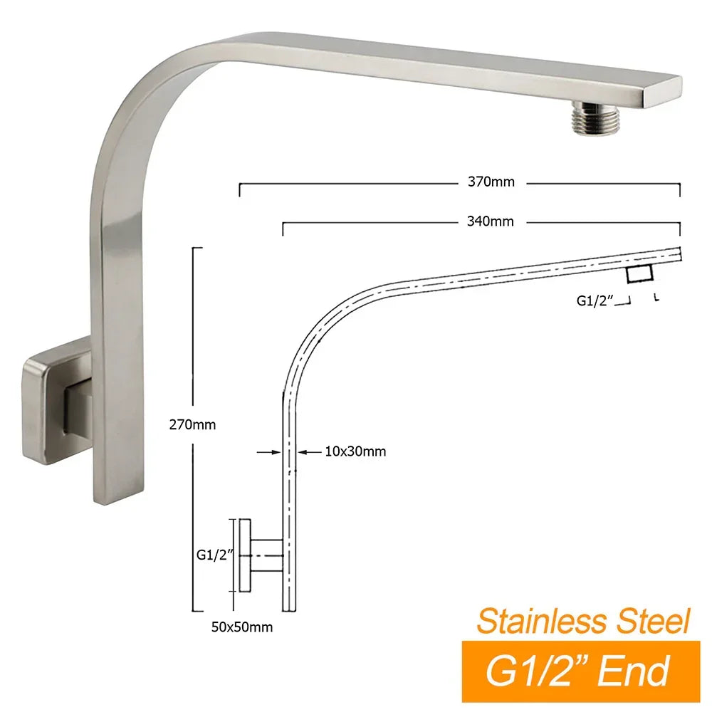 Brushed Nickel Silver Square 10" Rain Shower Head & Brass Gooseneck Wall Arm Set