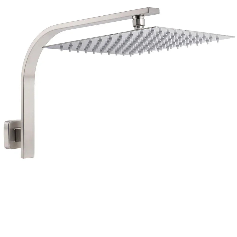 Brushed Nickel Silver Square 12" Rain Shower Head & Brass Gooseneck Wall Arm Set