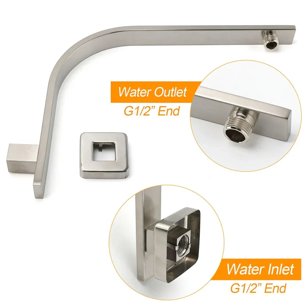 Brushed Nickel Silver Square 12" Rain Shower Head & Brass Gooseneck Wall Arm Set