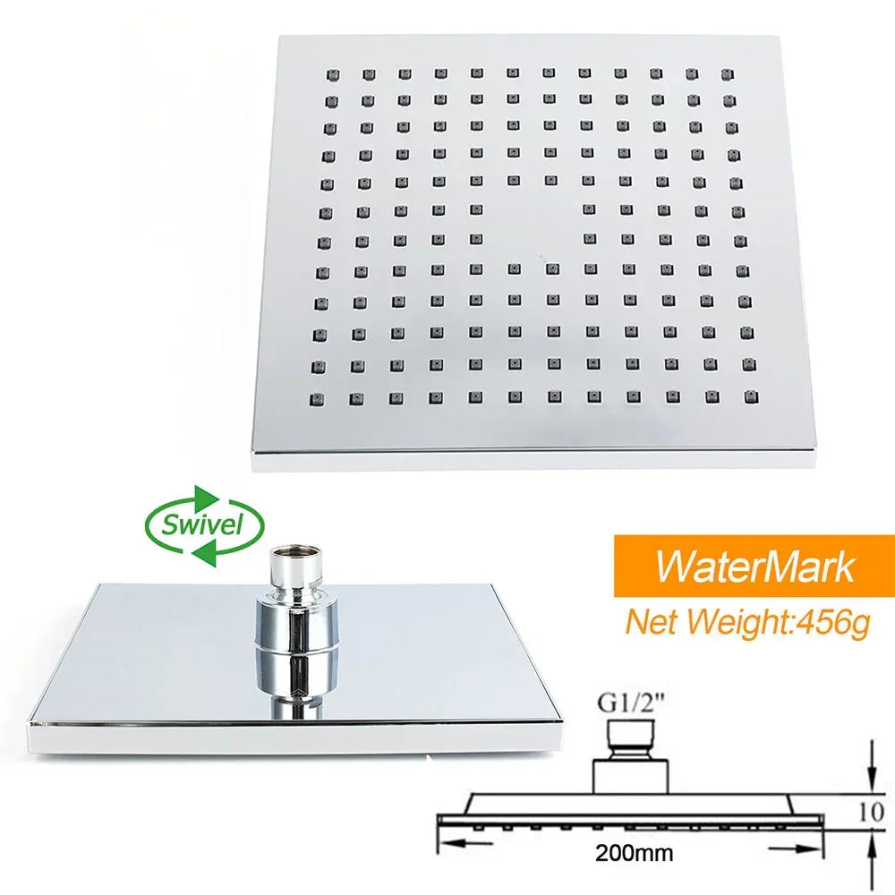 WELS ABS 200mm Square Rain Shower Head with WaterMark certification and dimensions