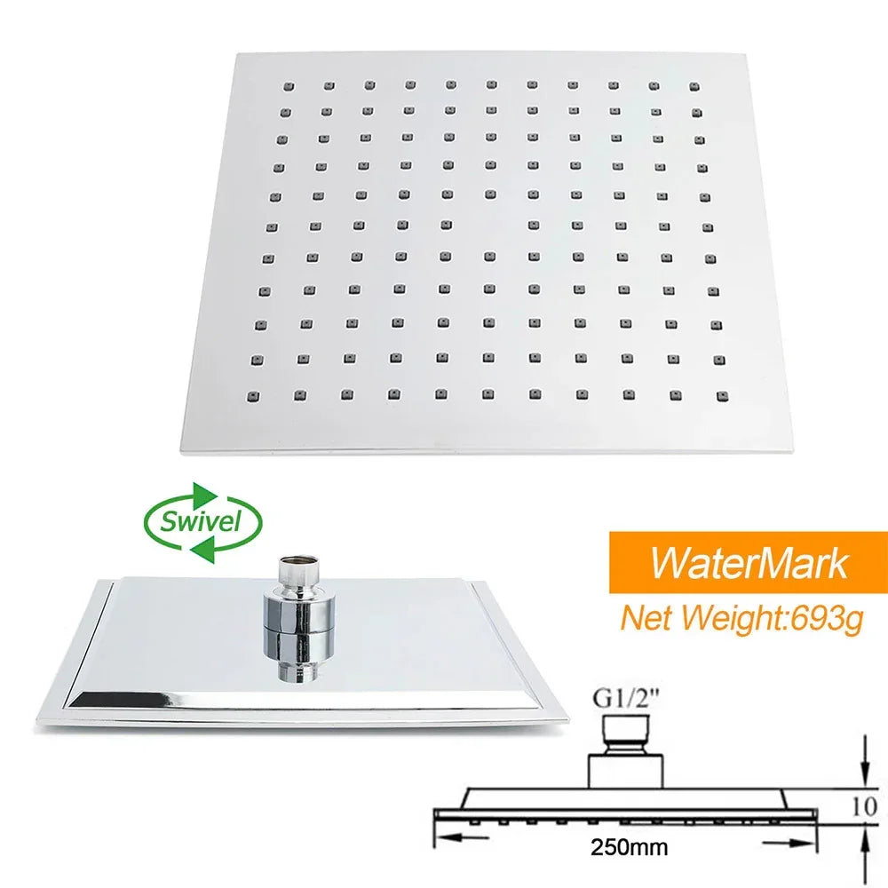 Chrome square rain shower head with swivel joint and 250mm technical dimensions