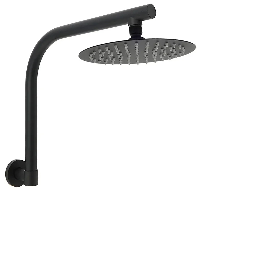 Matt Black 8" Stainless Steel Round Rain Shower Head & Gooseneck Swivel Wall Arm Set