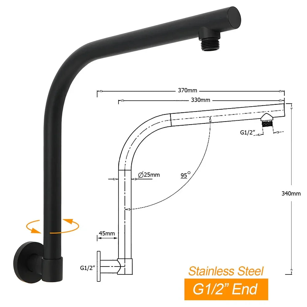 Matt Black 8" Stainless Steel Round Rain Shower Head & Gooseneck Swivel Wall Arm Set