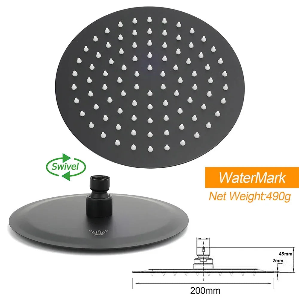 Matt Black 8" Stainless Steel Round Rain Shower Head & Gooseneck Swivel Wall Arm Set