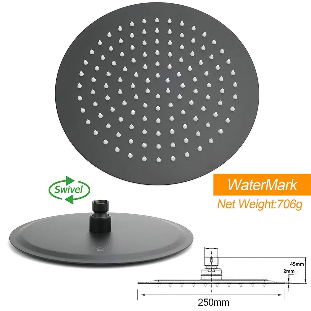 Matt black 10 inch round rain shower head with swivel joint and dimensions.