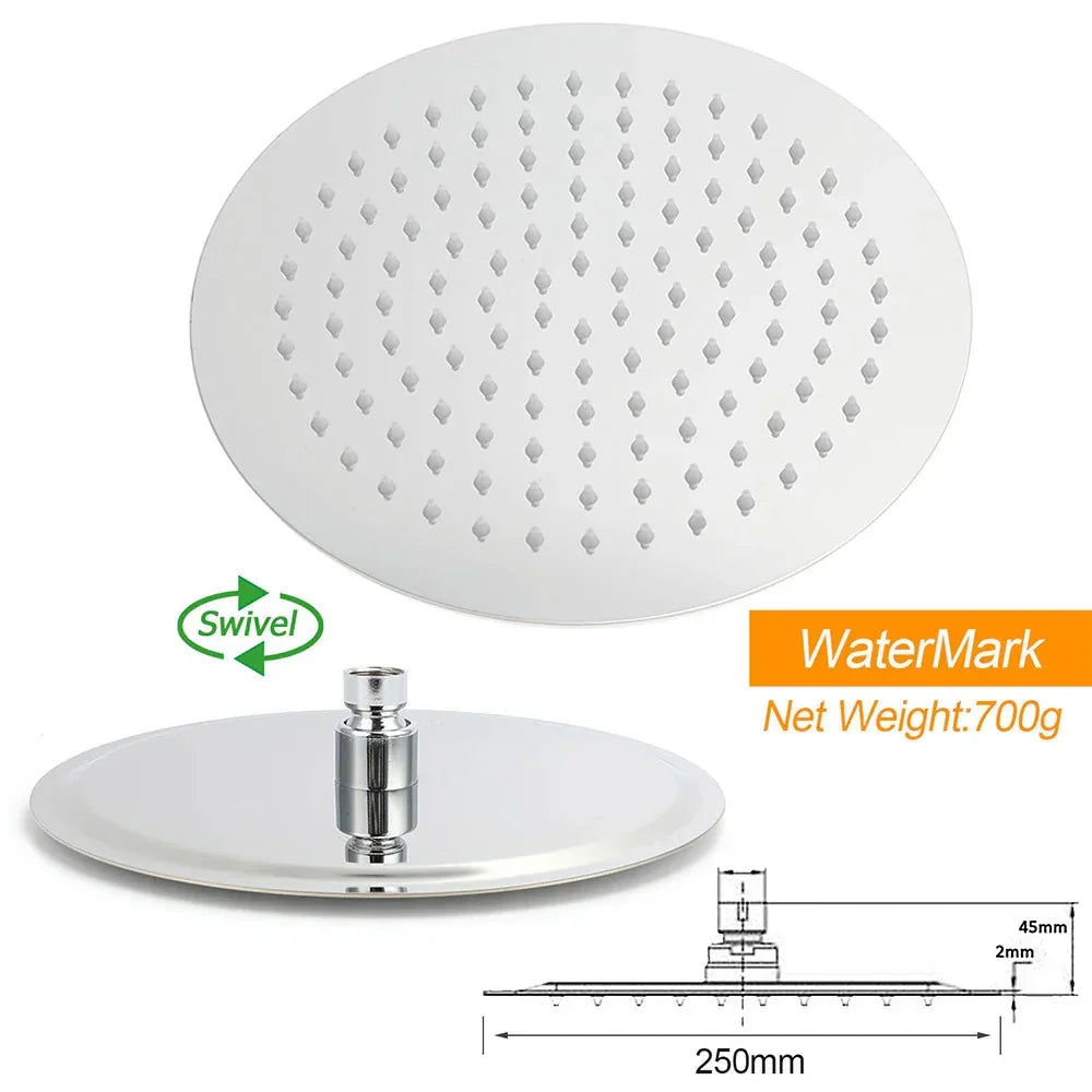 WELS Chrome Round 10" Rainfall Shower Head + 360° Swivel Gooseneck Wall Arm Set