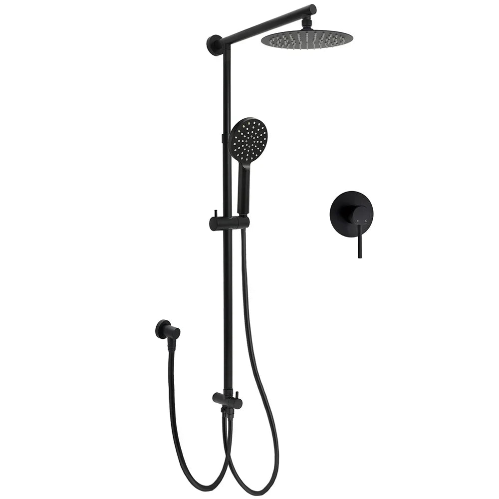 WELS Matt Black Twin Shower 8" Round Rain Head Set Sliding Rail 3 Mode Handheld + Mixer