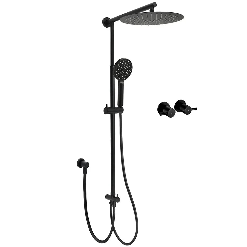 WELS Matt Black Dual 12" Round Shower Head Set Handheld Rail Wall Arm Elbow Inlet Twin Taps