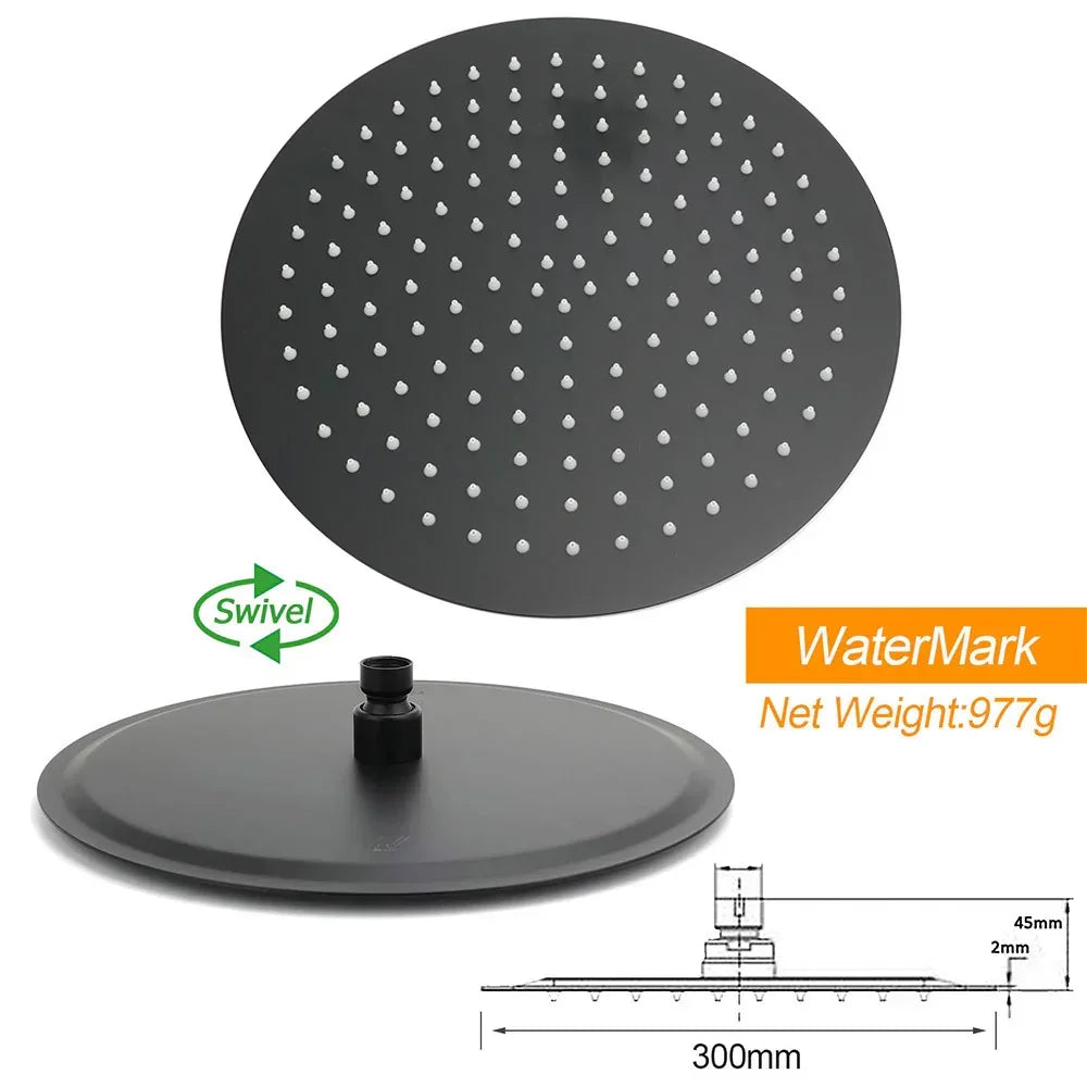 WELS Matt Black Dual 12" Round Shower Head Set Handheld Rail Wall Arm Elbow Inlet Twin Taps