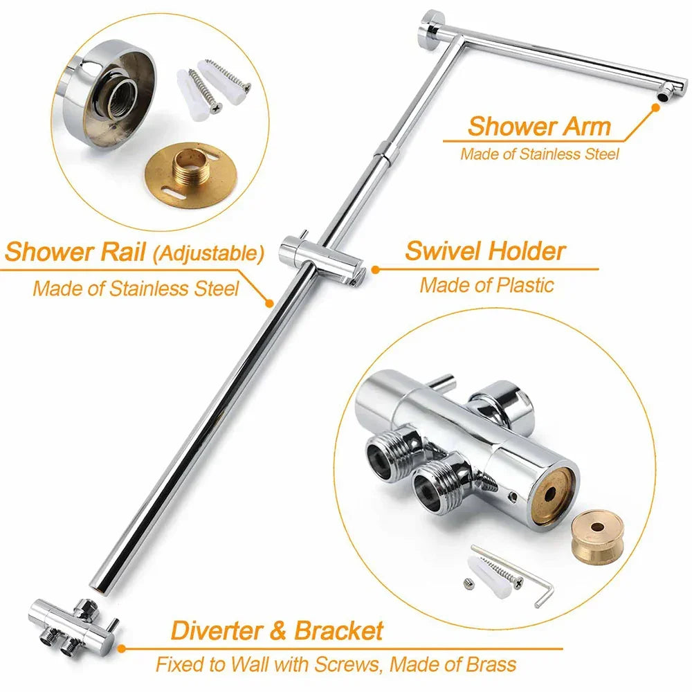 WELS Chrome Round 8" Stainless Steel Rain Head Handheld Sliding Rail Arm 2in1 Shower Set