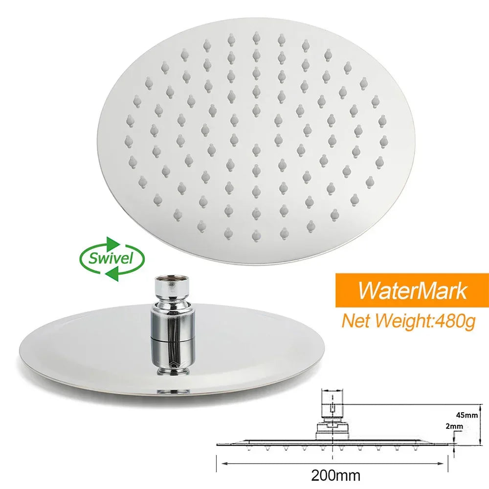 WELS Chrome Round 8 inch Stainless Steel Rain Shower Head with dimensions and swivel feature