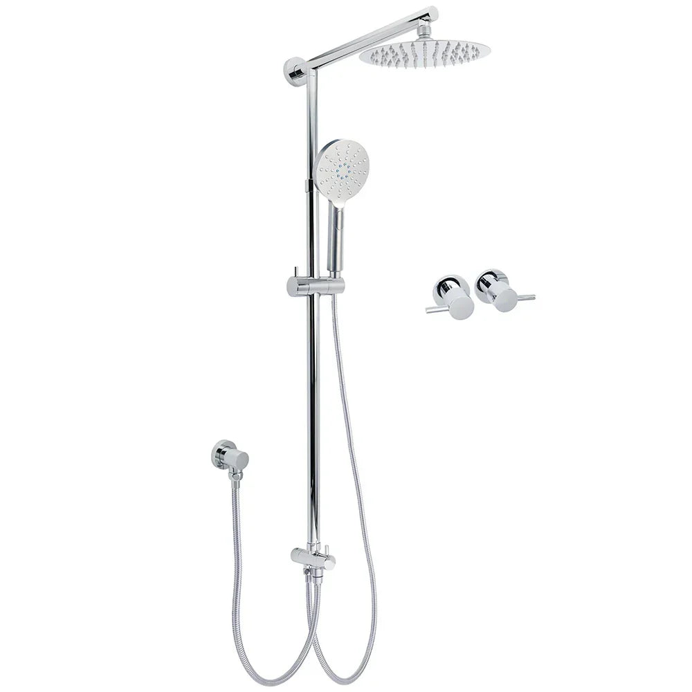 WELS Chrome Round 8" Thin Rainfall Head Handheld Sliding Rail Arm 2in1 Shower Twin Taps Set