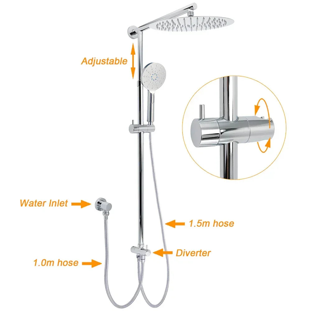 WELS Chrome Round Large 12" Rain Shower Head 3 Modes Handheld Wall Arm Rail 2in1 Set
