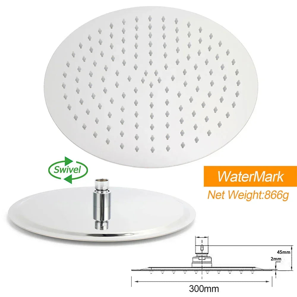 WELS Chrome Round Large 12" Rain Shower Head 3 Modes Handheld Wall Arm Rail 2in1 Set