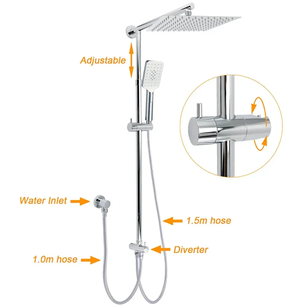 KYLINS Chrome 10" Square Rain Shower Set - Mixer Rail & Handheld