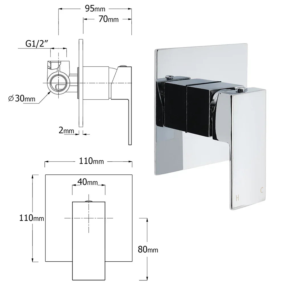 Kylins chrome square shower mixer with technical dimensions and product view