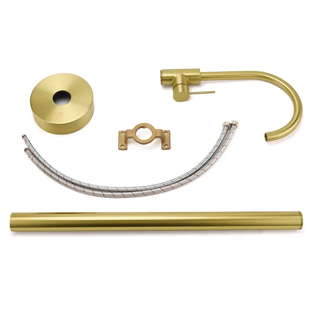 Brushed gold free standing bath tub mixer tap set with faucet, spout, and hoses