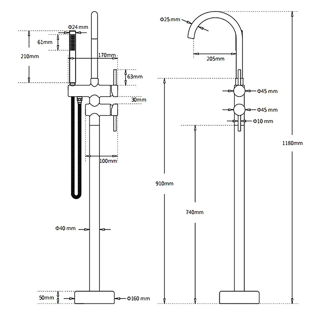 Technical dimension drawing of a Stacks Warehouse polished chrome freestanding bathtub filler faucet