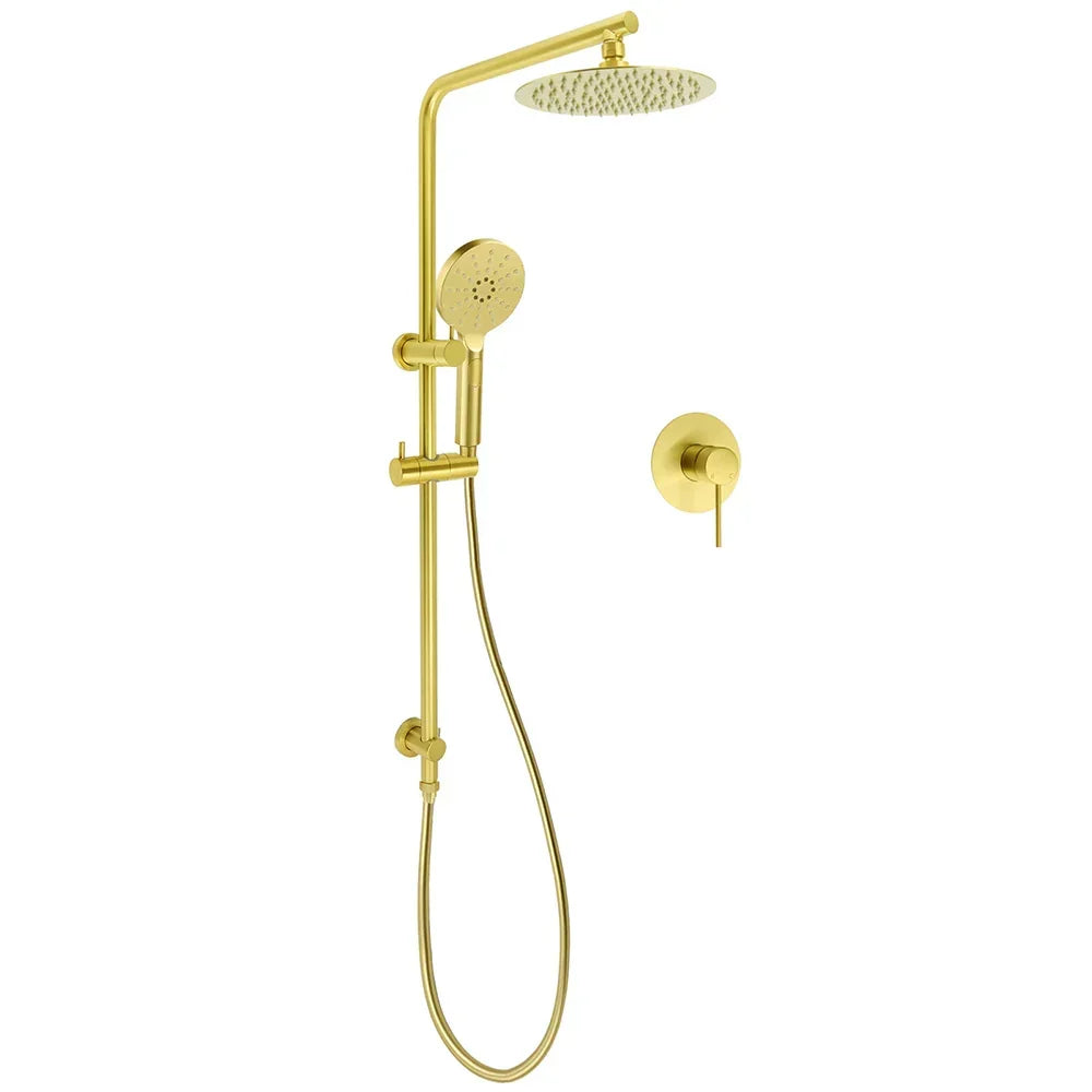 Brushed Gold Twin Shower Set 8" Round Head 3 Modes Handheld Sliding Rail Arm + Mixer