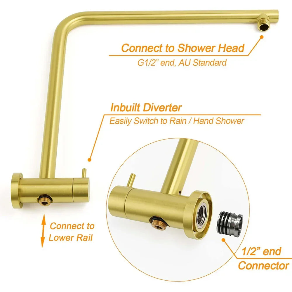 Brushed Gold Twin Shower Set 8" Round Head 3 Modes Handheld Sliding Rail Arm + Mixer