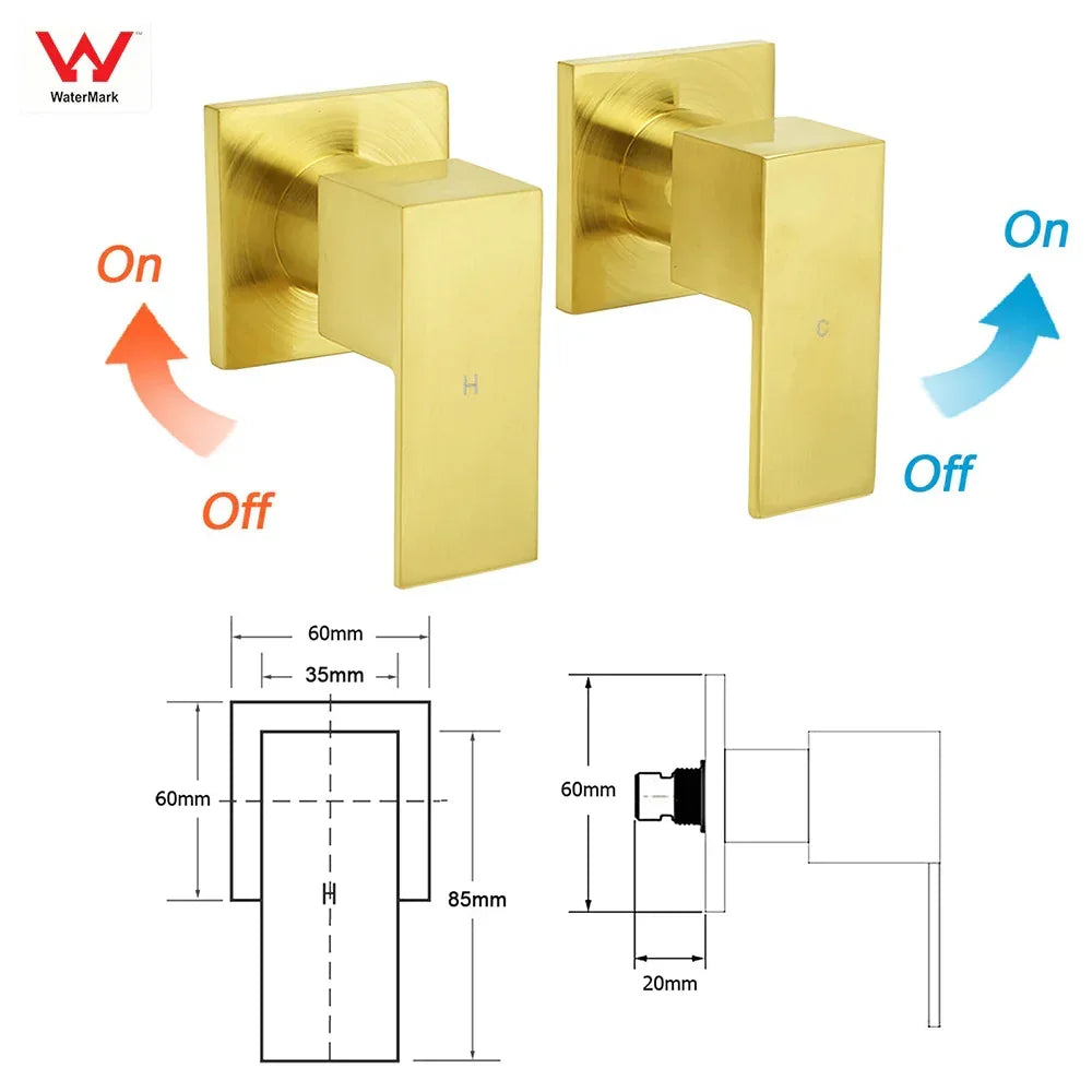 Brushed gold square dual shower taps set with dimensions and operation guide by Stacks Warehouse.