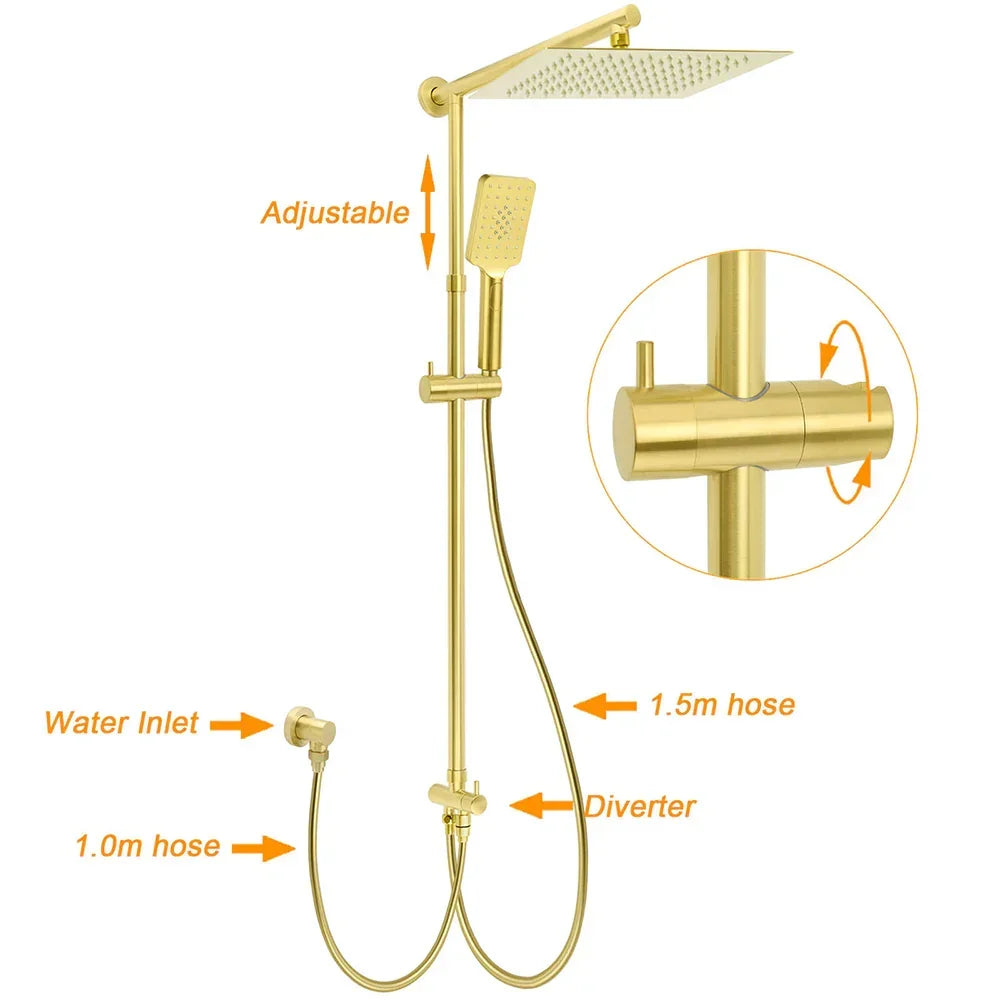 Shower Set 12" Rain + Handheld + Mixer Brushed Gold WELS 3 Star Rail