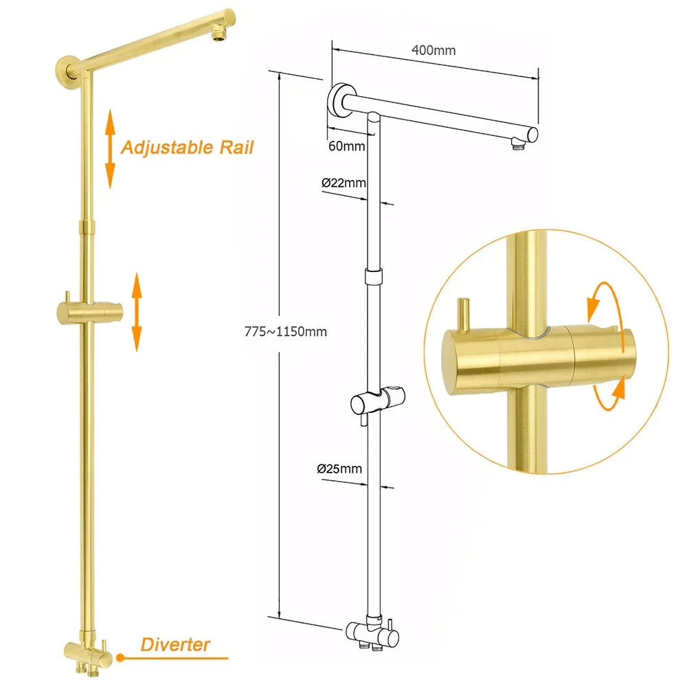 Shower Set 12" Rain + Handheld + Mixer Brushed Gold WELS 3 Star Rail