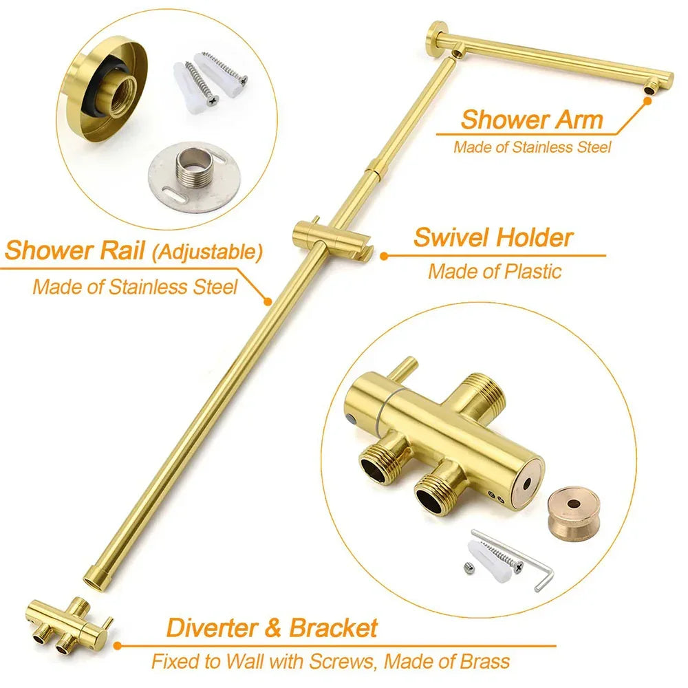 Shower Set 12" Rain + Handheld + Mixer Brushed Gold WELS 3 Star Rail