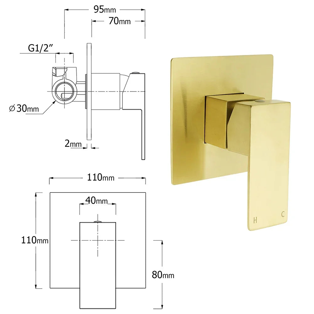 Technical dimensions and 3D view of a Stacks Warehouse brushed gold shower mixer faucet.