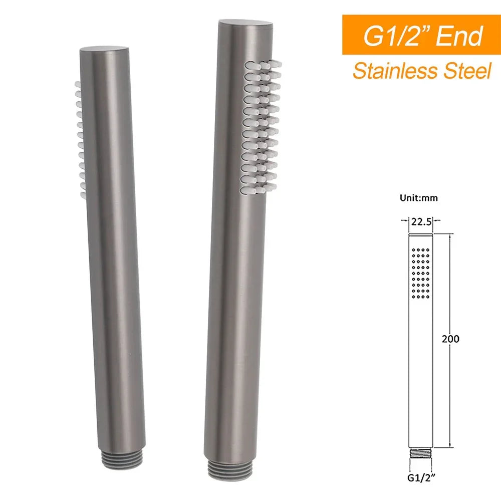 Gun metal stainless steel handheld shower head with G1/2 inch end and dimensions.