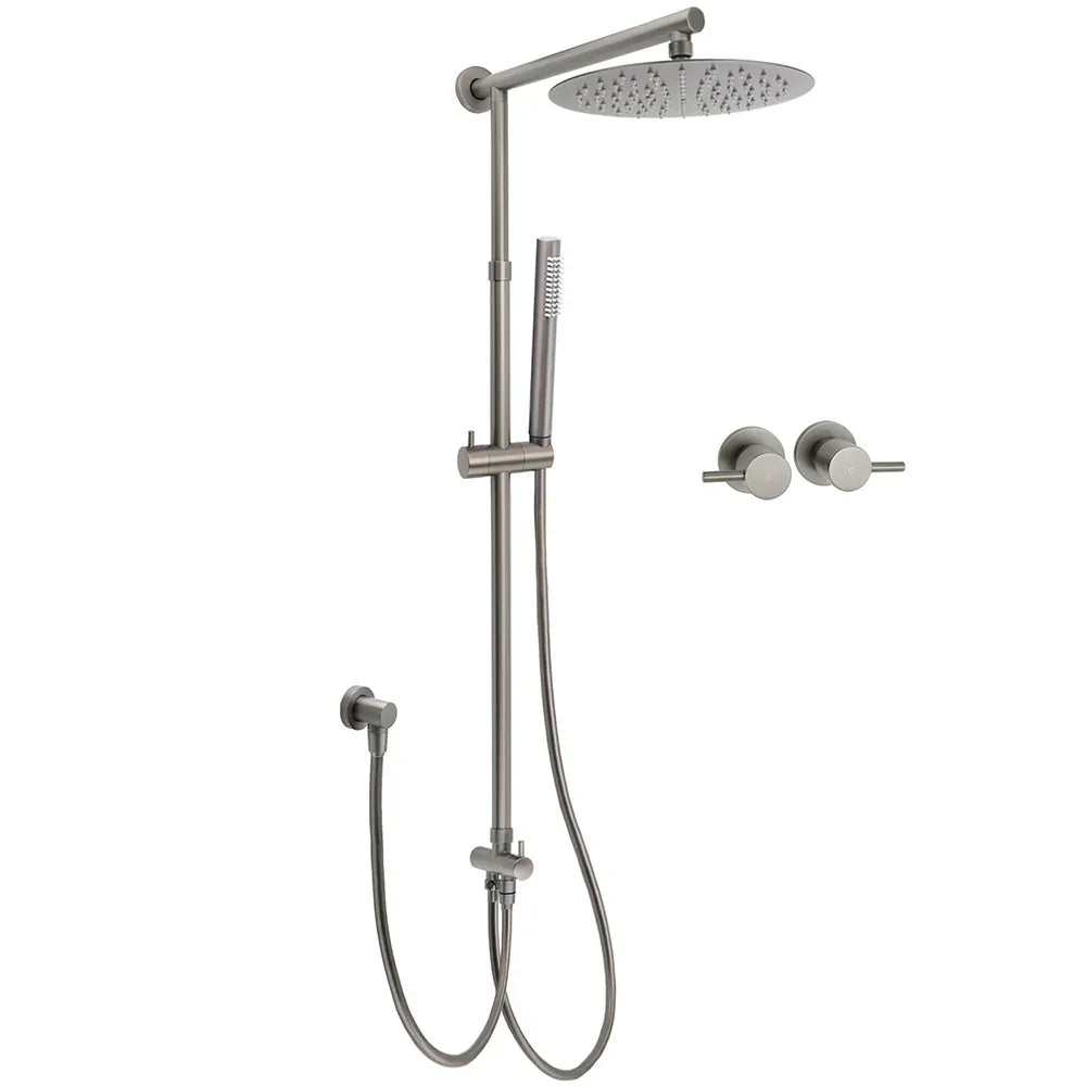 WELS Gun Metal 2in1 Round Shower 10" Rain Head Single Mode Handheld Sliding Rail Twin Taps Set