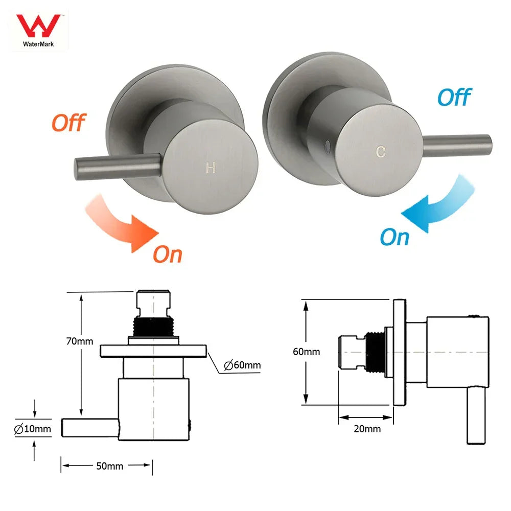 Gun metal round shower twin taps with operation guide and technical dimensions
