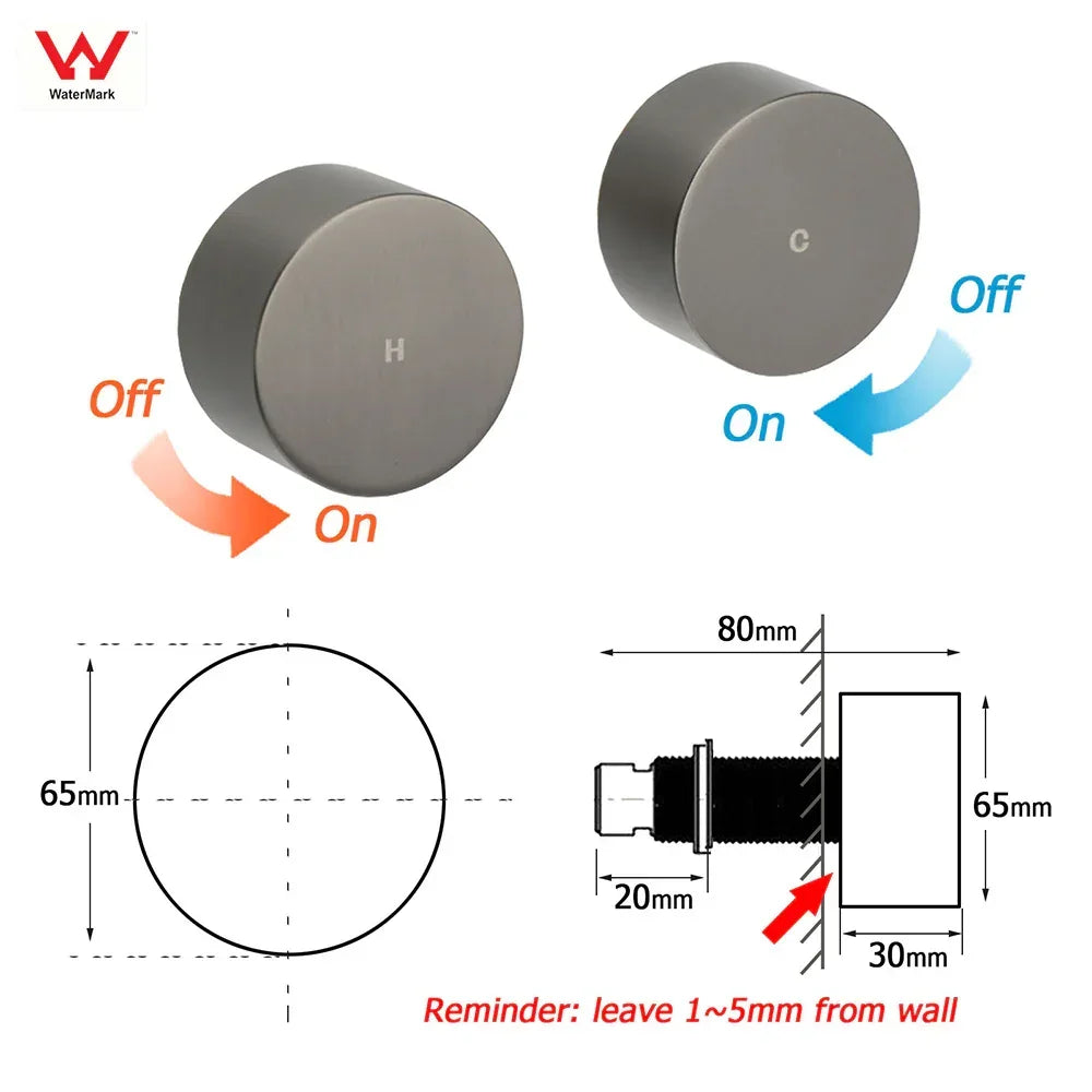 Gun metal dual round shower diverter knobs with operational labels and technical dimensions.