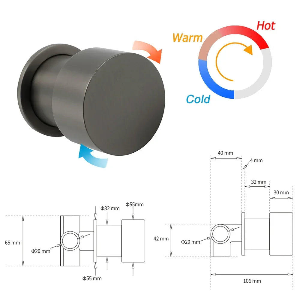 Gun metal round shower mixer knob with temperature guide and technical dimensions.