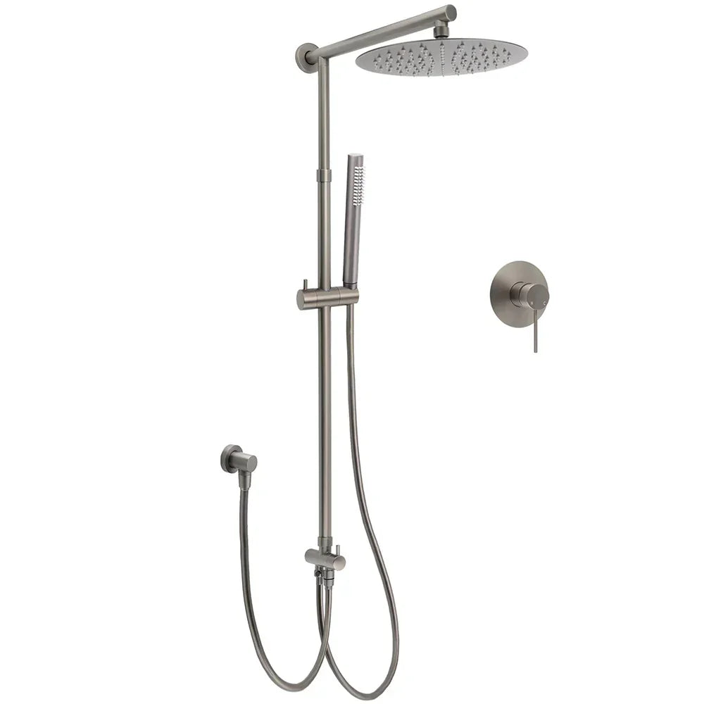 WELS Gun Metal Double Round Shower 10" Rain Head Metal Handheld Sliding Rail Mixer Valve Set