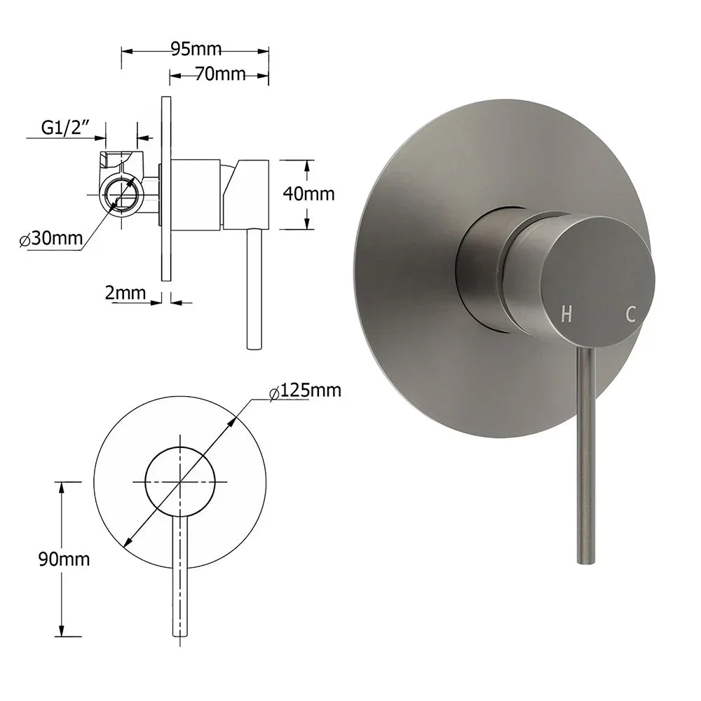Gun metal double round shower mixer valve with technical dimensions diagram