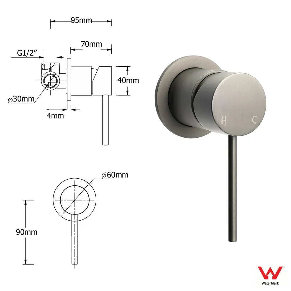 Technical dimensions and product view of a gun metal round rain shower compact mixer